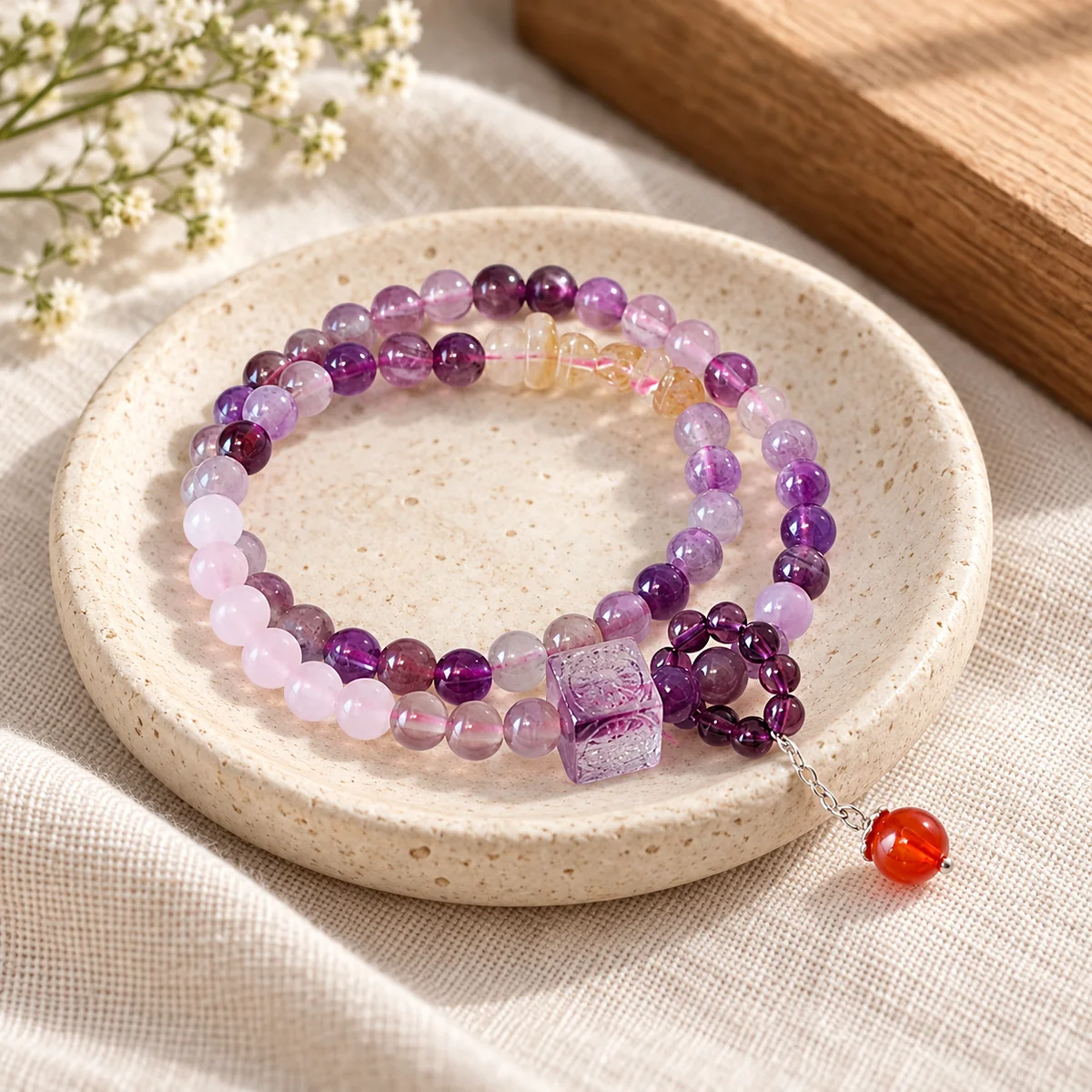 Amethyst Ember Double-Wrap Bracelet in a styled scene