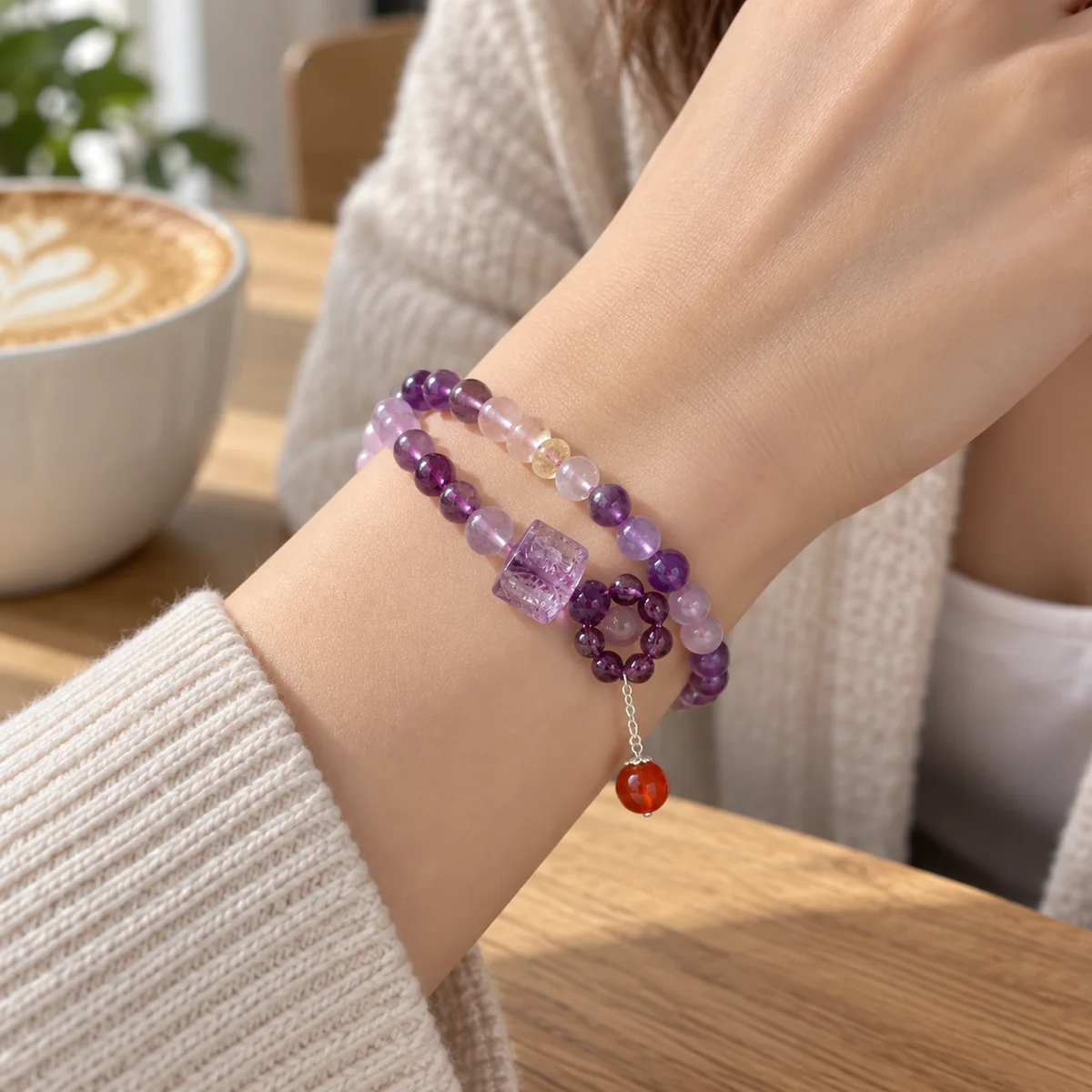 Amethyst Ember Double-Wrap Bracelet worn on the wrist
