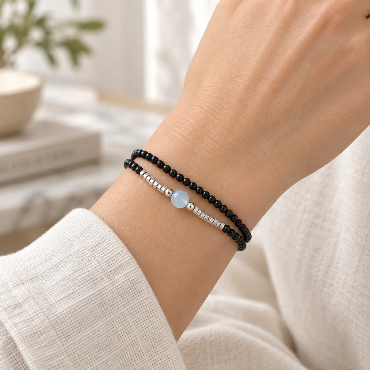 Tide and Stone Double-Wrap Bracelet worn on the wrist