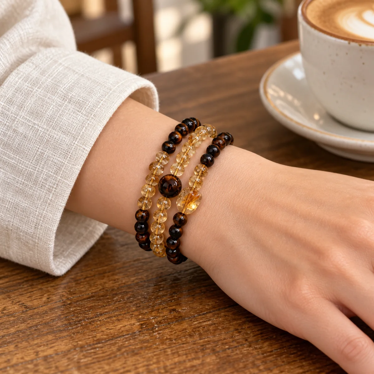 Amber Path Triple-Wrap Bracelet worn on the wrist