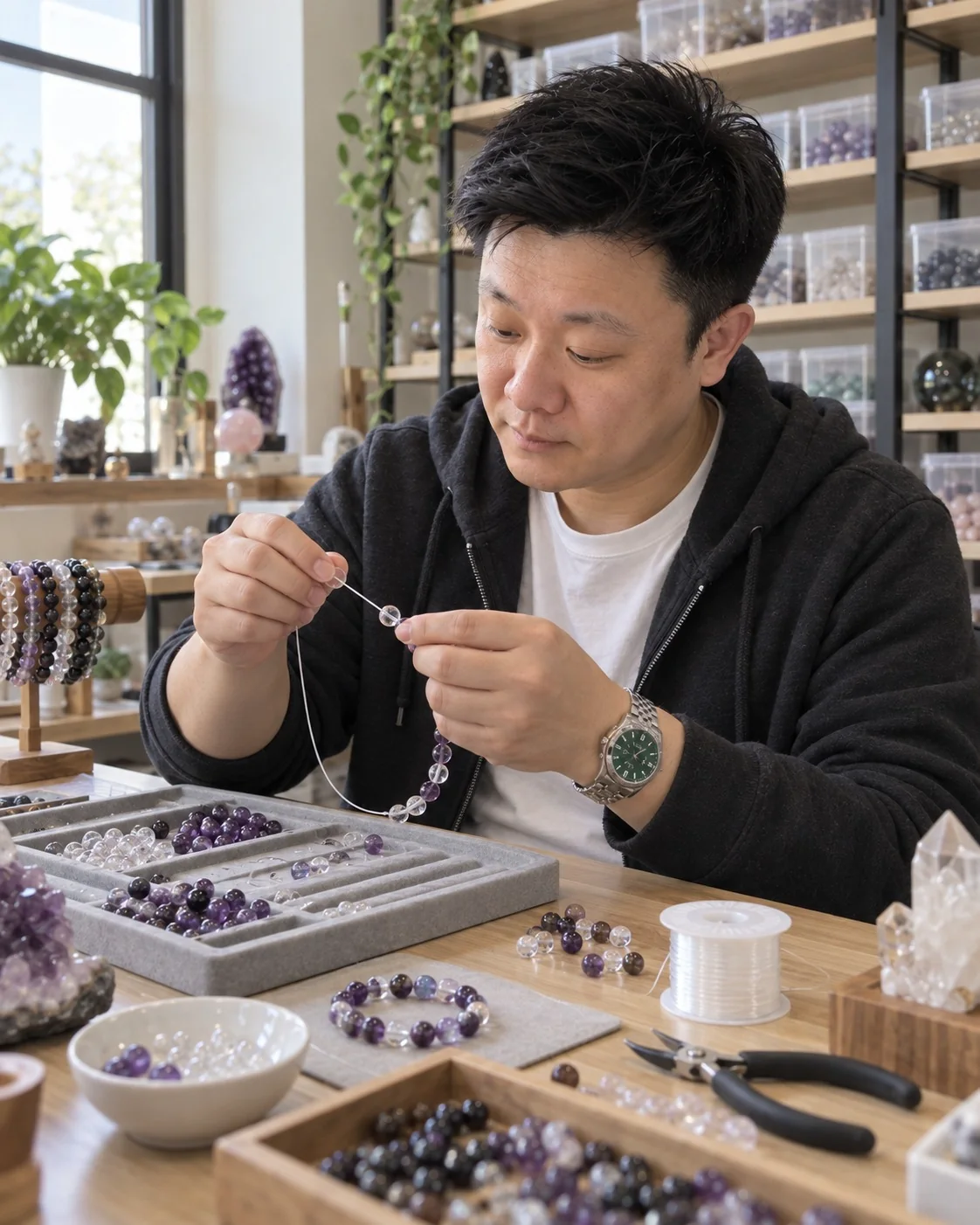 Lucien handcrafting a crystal bracelet in his studio