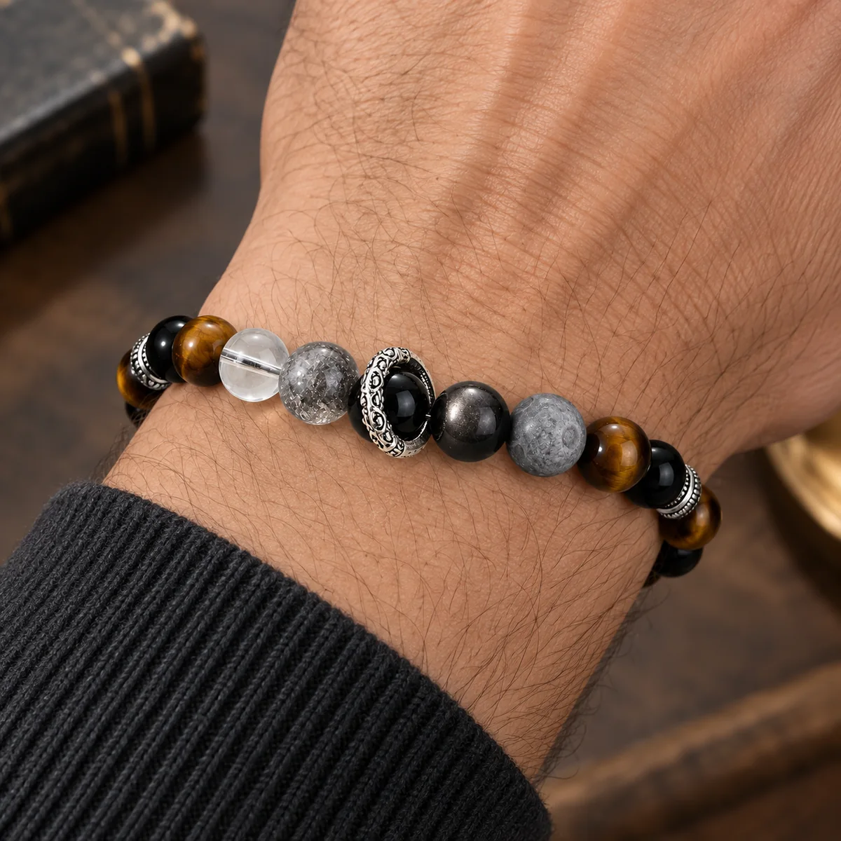 Orbit Tiger Eye Bracelet worn on the wrist
